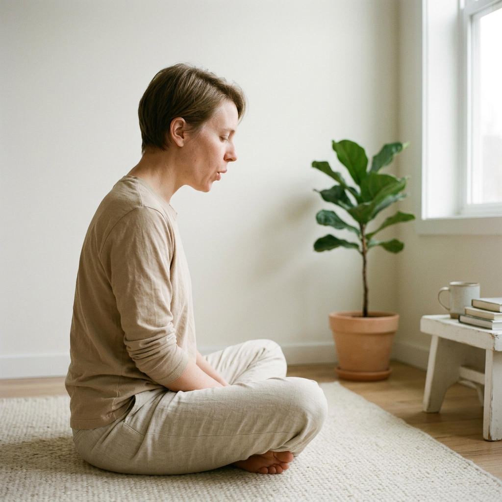 Person meditating cross-legged on a rug in a sunlit room