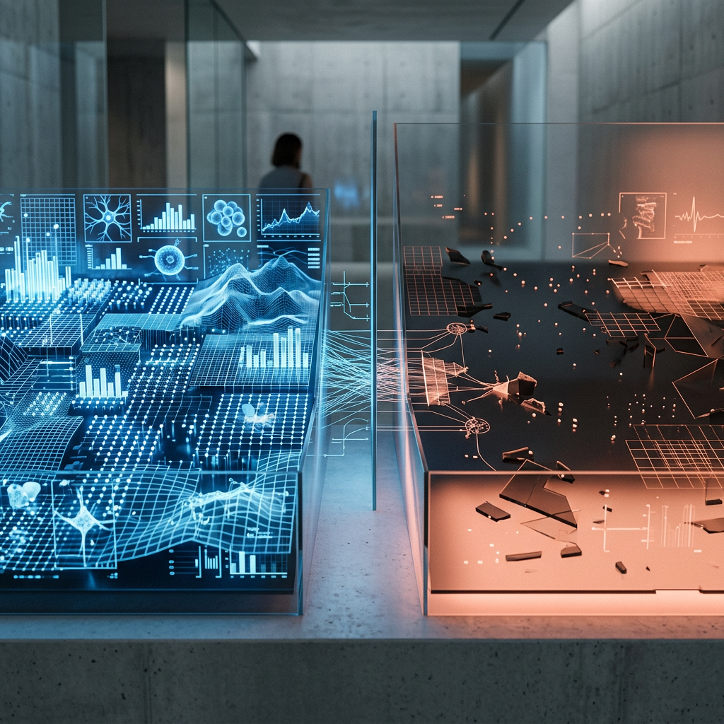 Interactive blue and orange data displays with charts, networks, and fragmented digital forms