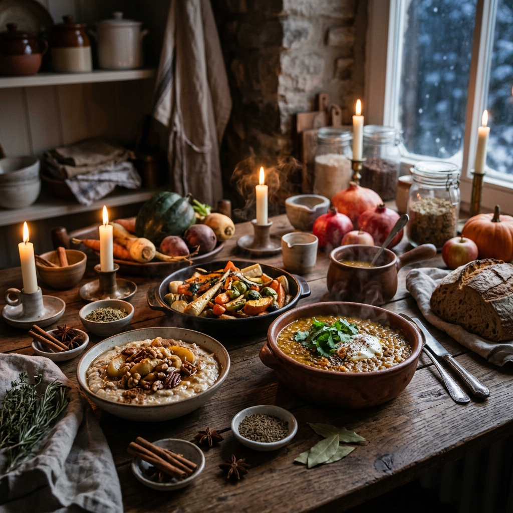 Candlelit rustic table with soups, roasted vegetables, bread, and autumn produce