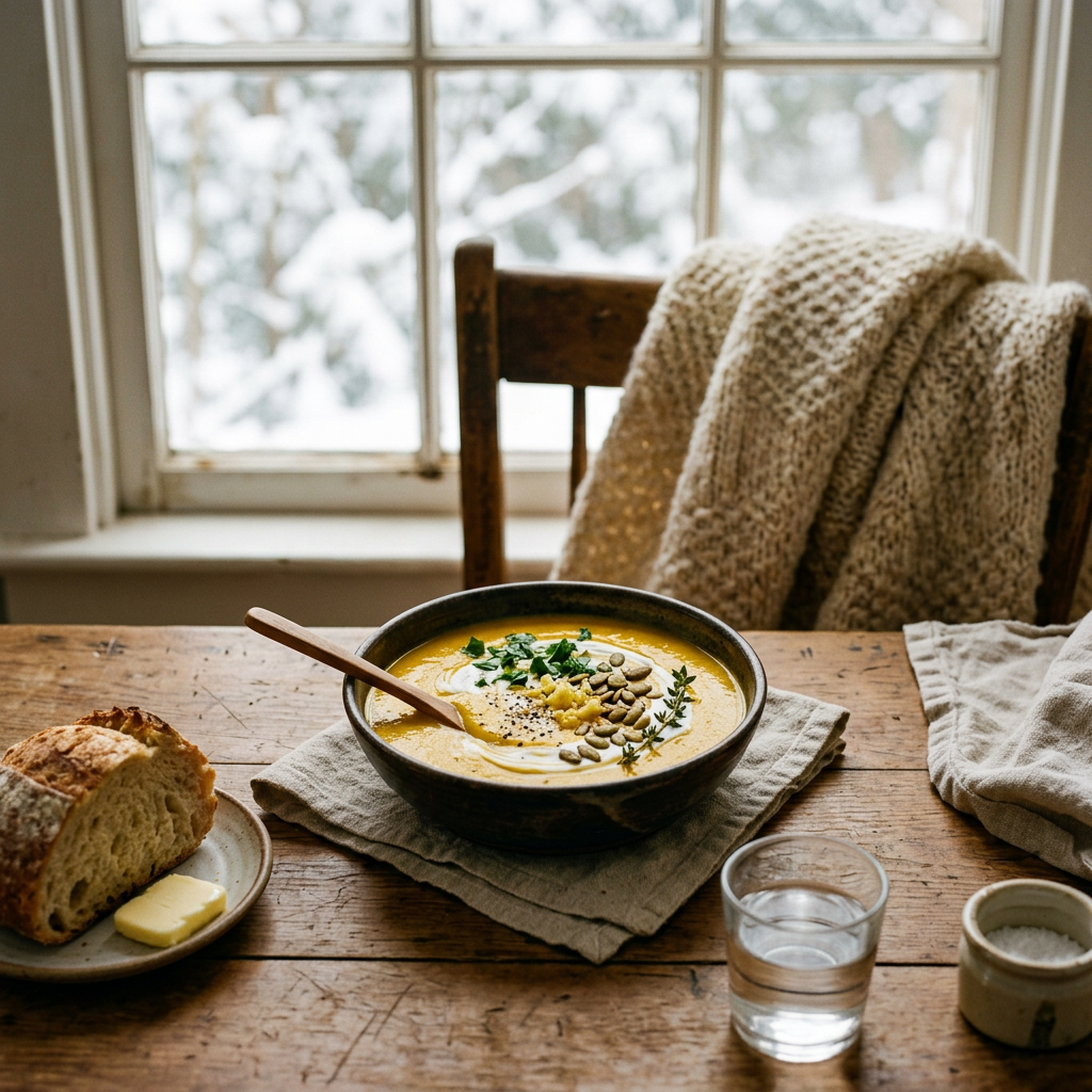 Bowl of garnished soup with bread and butter on a wooden table