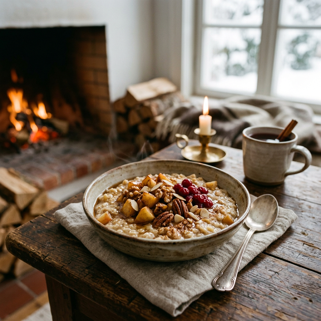 Bowl of oatmeal topped with fruit and nuts beside a fireplace