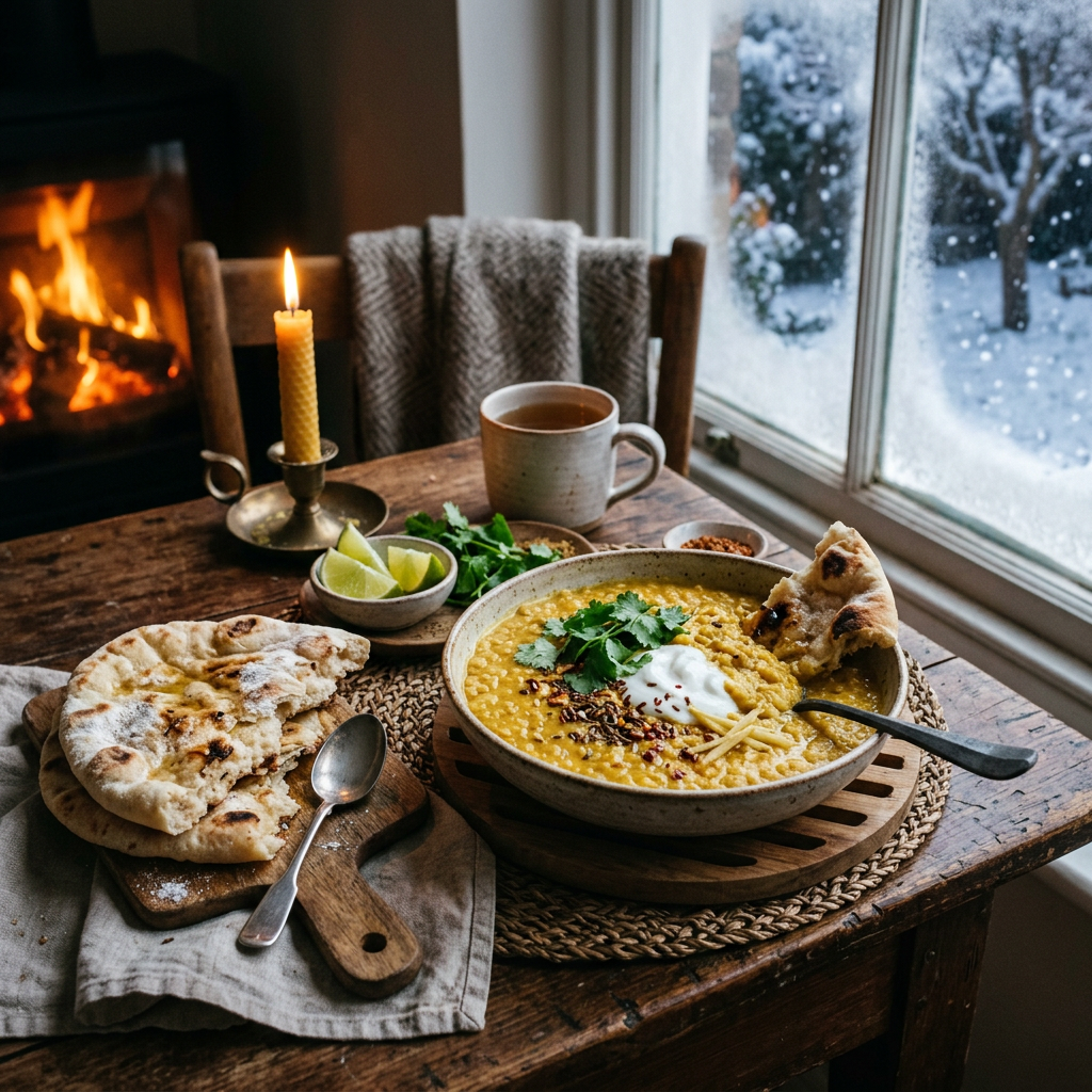 Bowl of lentil curry with naan beside a fireplace and snowy window