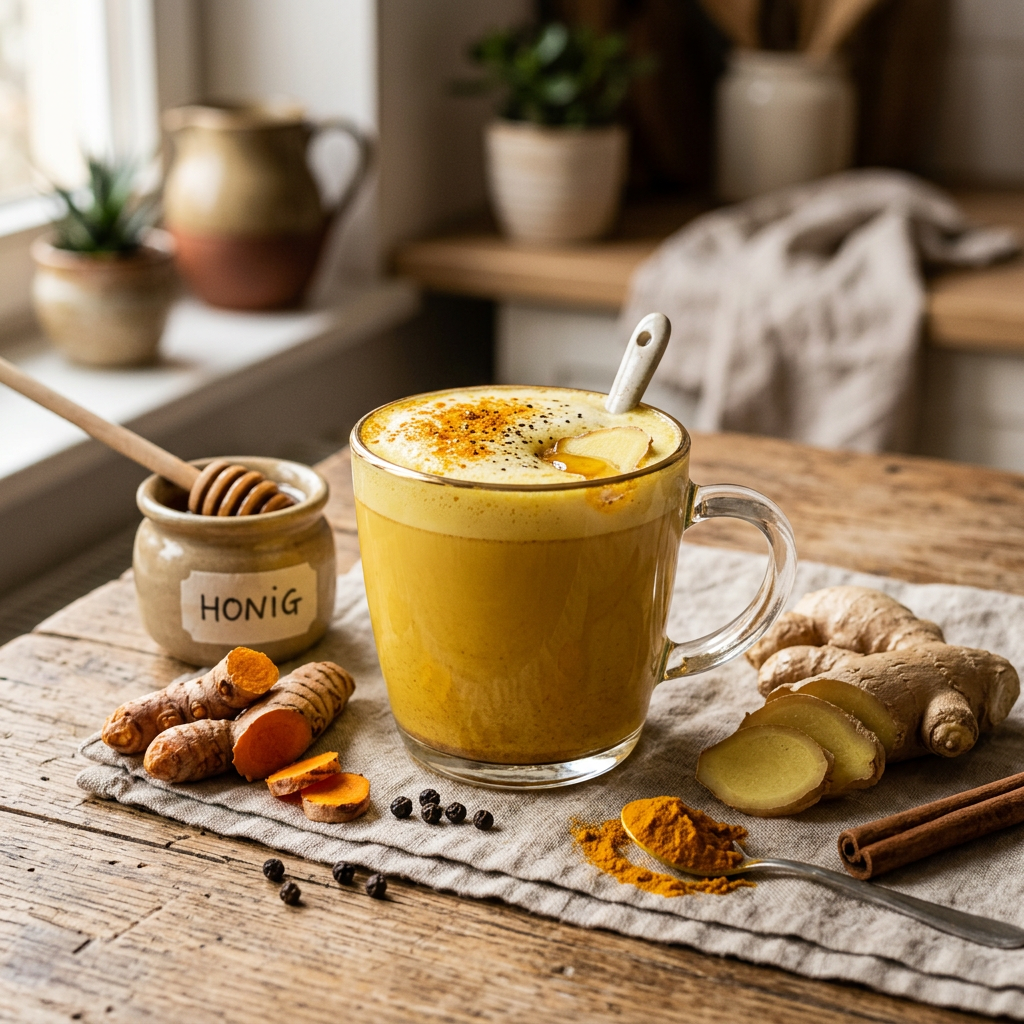Golden turmeric latte with honey, ginger, turmeric, and spices
